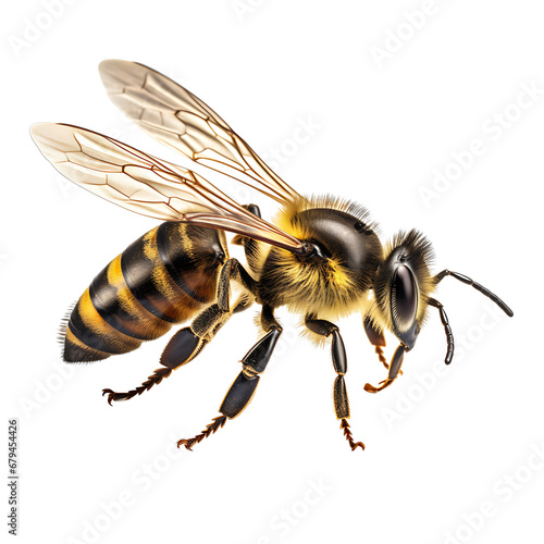 Close up of honeybee flying isolated on white background cutout © The Stock Guy