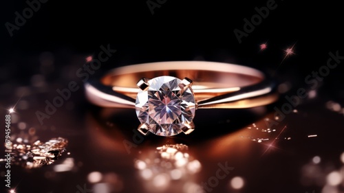 Ring with diamonds on black background with blurry bokeh light.