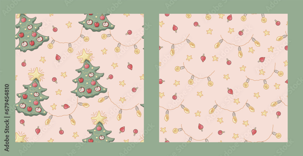 Seamless pattern with new year tree, garlands, stars and christmas tree ornaments. Vector illustration set.