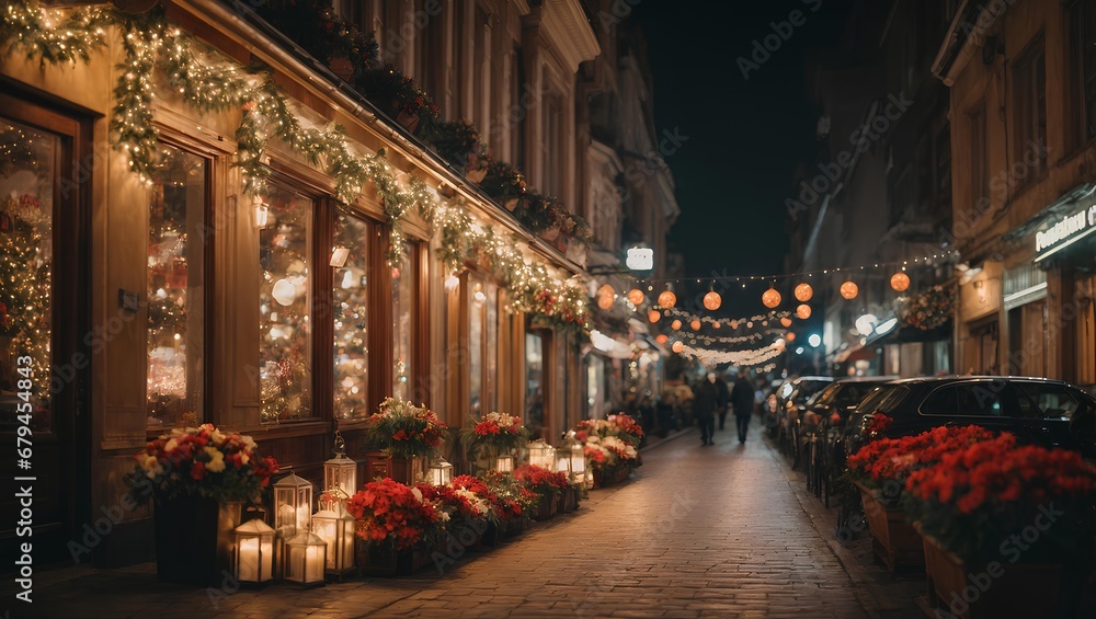Buildings decorated on Christmas nights lights and flowers