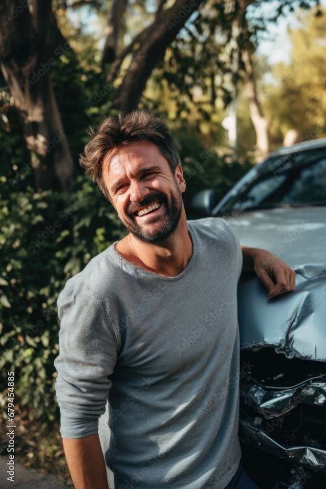 Man smiling next to his damaged car. Generative AI.