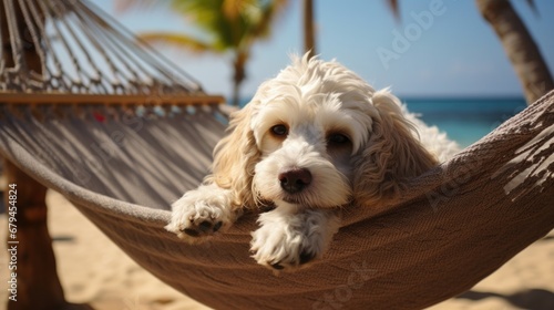 A dog laying in a hammock on the beach. Generative AI.