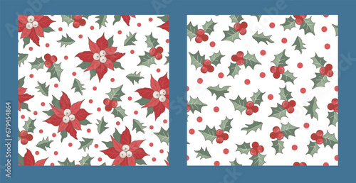 Christmas and New Year seamless pattern with poinsettia and holly. Vector illustration set.