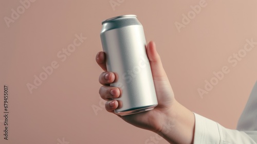 product mockup of a soda can with hand holding photography photo