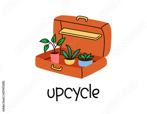 Upcycling vector illustration. Suitcase with potted house plants. Reuse and upcycle things concept. Sustainable living