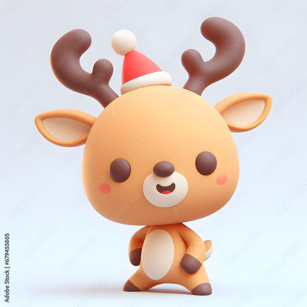 Joyful 3D Deer: Cute Character in Christmas Hat on Plain Background. Adorable Holiday Concept with a Happy and Festive Deer Illustration. Joyful 3D Deer: Cute Character in Christmas Hat on Plain Background. Adorable Holiday Concept with a Happy and Festive Deer Illustration.