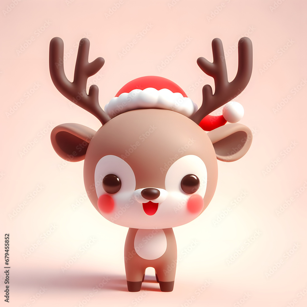 Fototapeta premium Joyful 3D Deer: Cute Character in Christmas Hat on Plain Background. Adorable Holiday Concept with a Happy and Festive Deer Illustration.