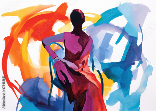 Human figure painting, female form - abstract figurative gouache painting of a woman seated. Women's health and women's issues related illustration. 