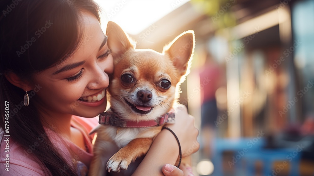 Woman playing with her chihuahua dog. Domestic dog with owner have fun outdoor activity lifestyle travel city on summer vacation. Woman playing with her chihuahua dog. Domestic dog with owner have fun outdoor activity lifestyle travel city on summer vacation.