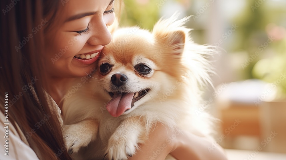 Woman playing with her Pomeranian dog. Domestic dog with owner have fun outdoor activity lifestyle travel city on summer vacation. Woman playing with her Pomeranian dog. Domestic dog with owner have fun outdoor activity lifestyle travel city on summer vacation.