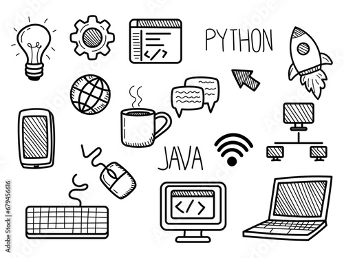 Set of programming doodle illustrations on a white background. Hand-drawn coding vector elements