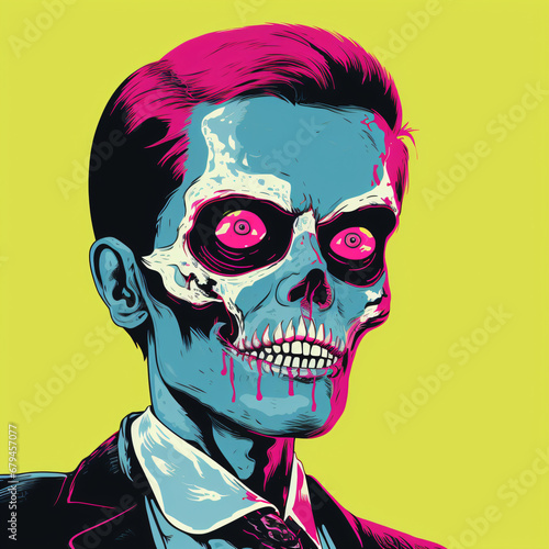 A man in a suit and tie with a skull painted on his face
