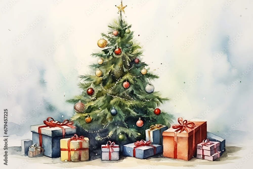Christmas tree with toys and gifts, watercolor drawing