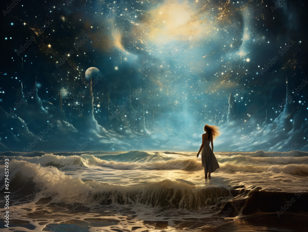 A woman standing in the ocean looking at the stars