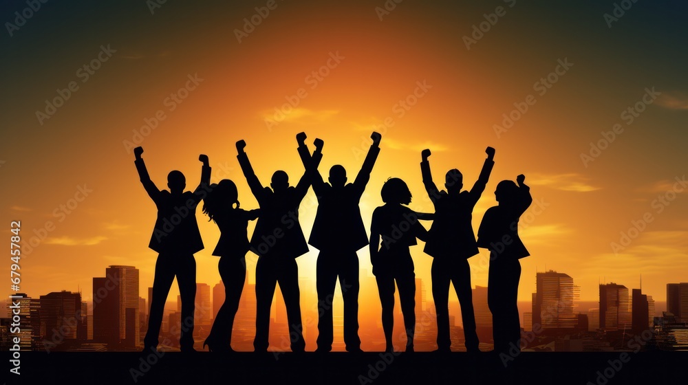 Silhouette of business team stand and feel happy on the most hight at stand on sunset, success, leader, teamwork, target, Aim, confident, achievement, goal, on plan, finish, generate by AI