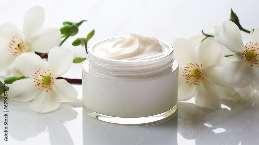 whitening and moisturizing Face cream in an open glass jar and flowers on white background. Set for spa, skin care and body products and solutions for skin problems such as scars, acne, wrinkles. whitening and moisturizing Face cream in an open glass jar and flowers on white background. Set for spa, skin care and body products and solutions for skin problems such as scars, acne, wrinkles.