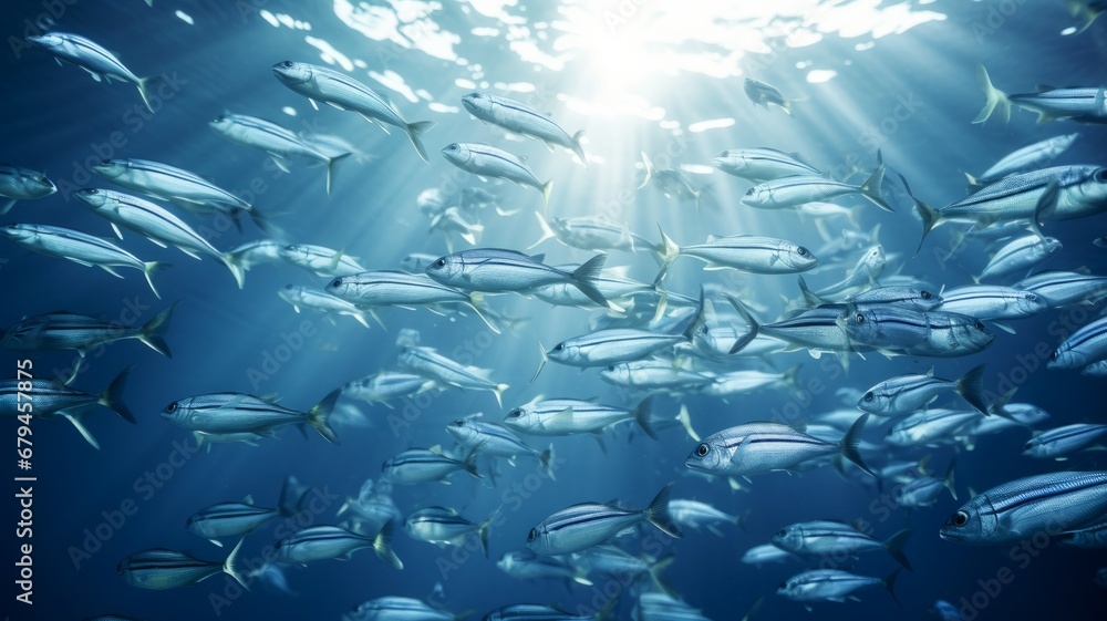 Group of fish swimming underwater world in the blue ocean and sunshine background. - obrazy, fototapety, plakaty 