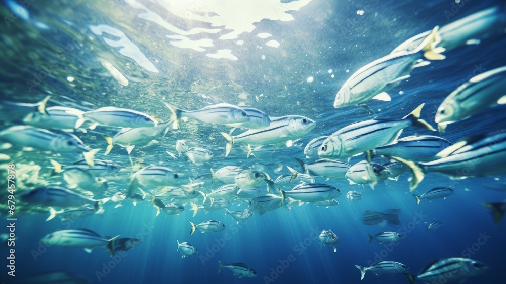 Fototapeta premium Group of fish swimming underwater world in the blue ocean and sunshine background.