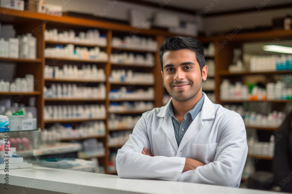 portait of a happy latin male pharmacist in a drugstore