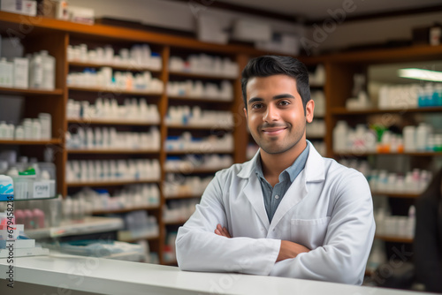 portait of a happy latin male pharmacist in a drugstore