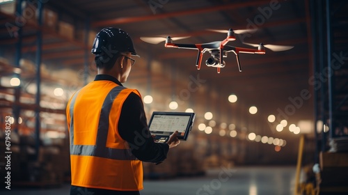 engineer use tablet for control drone in warehouse factory