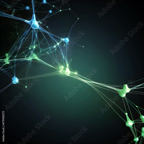 Abstract technology background with a cyber network grid and connected particles. Artificial neurons, flat data connections - Generative AI © Thiago