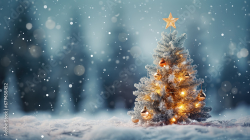 Merry christmas and happy new year holiday. Christmas Tree with Balls decorated in wonderful snowy winter landscape. Christmas greetings concept with snowfall. Generative AI