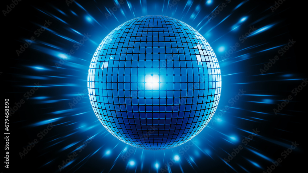Discokugel in cyan blau mit Lichtern und Lichteffekten und mit Platz für Text. Querformat. Generative Ai. Discokugel in cyan blau mit Lichtern und Lichteffekten und mit Platz für Text. Querformat. Generative Ai.