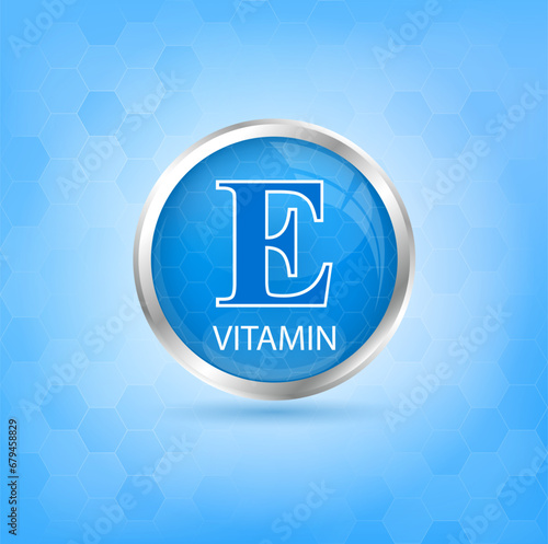 Vitamin E icon structure blue substance. 3D Vector Illustration. Personal care, beauty concept. Medicine health symbol of thiamine. Drug business concept. Vitamin complex with chemical formula