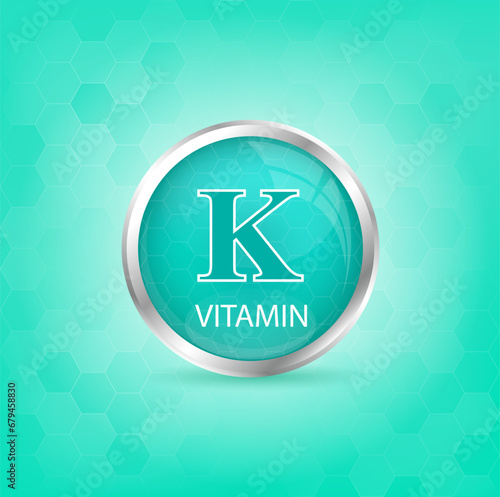 Vitamin K icon structure light green substance. Personal care, beauty concept. Medicine health symbol of thiamine. Drug business concept. Vector Illustration 3D Vitamin complex with chemical formula