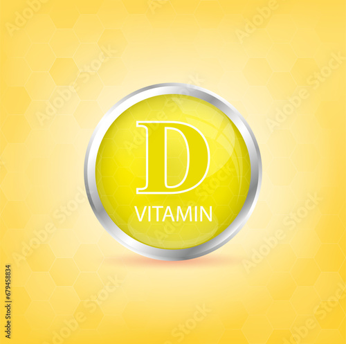 Vitamin D icon structure yellow substance. Personal care, beauty concept. Medicine health symbol of thiamine. Drug business concept. 3D Vector Illustration. Vitamin complex with chemical formula.