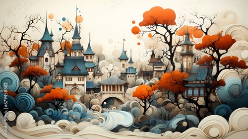 Whimsical Fairytale Village Amidst Autumnal Trees and Swirly Clouds photo