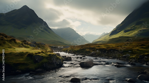 The dramatic landscapes of the Scottish Highlands, featuring rugged mountains and shimmering lochs, inspire photographers and stockphoto creator, travel place. Ai Generated.NO.03