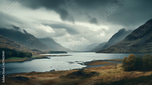 The dramatic landscapes of the Scottish Highlands, featuring rugged mountains and shimmering lochs, inspire photographers and stockphoto creator, travel place. Ai Generated.NO.02