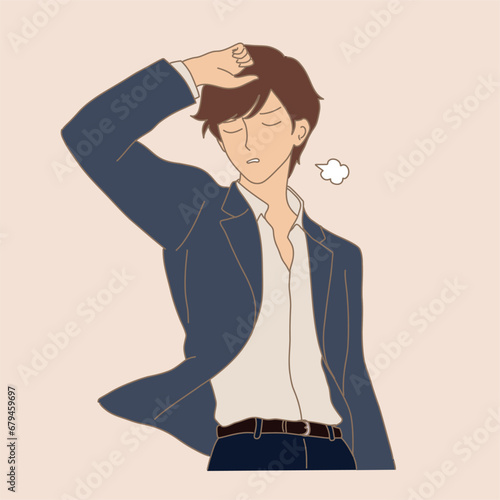 Stressful businessman sighing wiping sweat away after doing urgent task. Tired man in suit putting hand on forehead, relieving after working. Hand drawn flat cartoon character vector illustration.