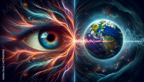 Abstract universe with eye and earth symbolizing the oneness of reality