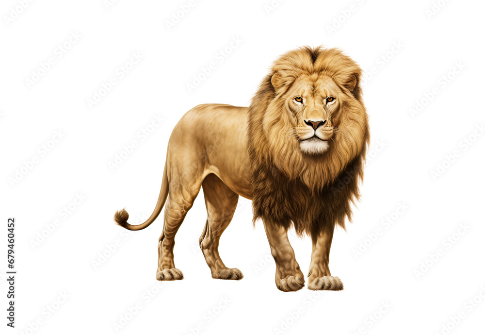 Golden lion No shadows, highest details, sharpness throughout the image, highest resolution, lifelike, white background 