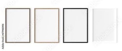 3D Rendering of mockup photo frame size DIN A4  set of 4. dark and light wood  and glossy black and white frame on white background