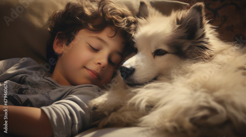 A boy and a dog enjoying together in a cozy living room 