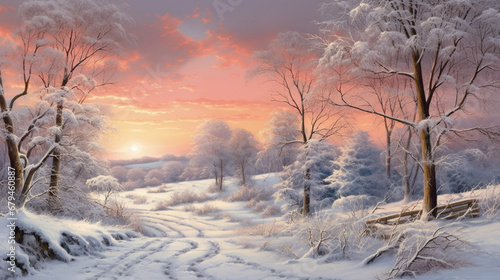 sunrise in the winter forest. winter concept 