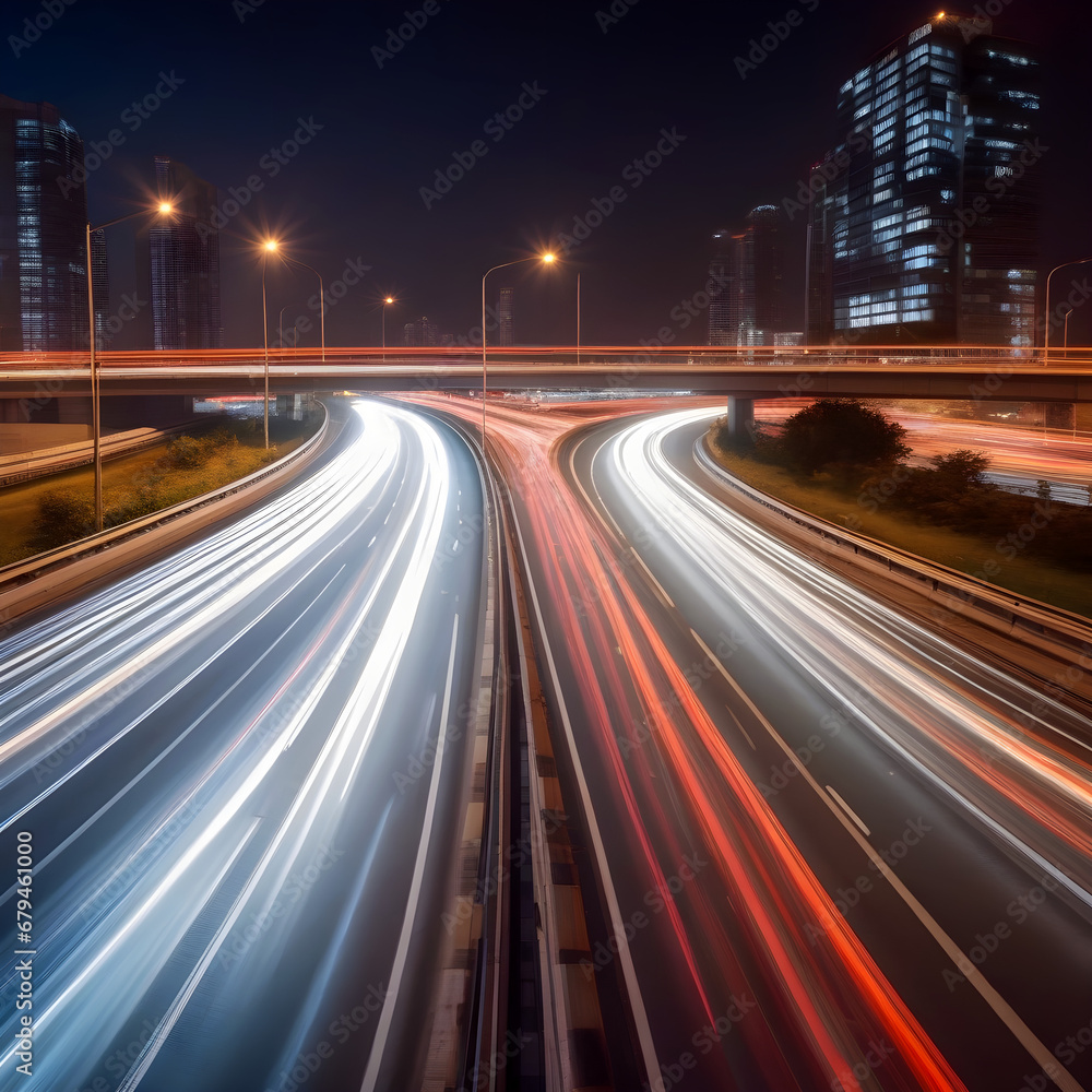 Speed light trails path through city - Generative AI