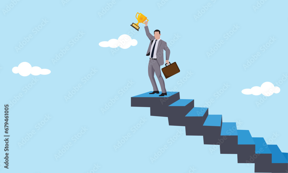 Businessman holding a trophy at the top of the floor. Win every competitor. Best businessman concept Businessman holding a trophy at the top of the floor. Win every competitor. Best businessman concept