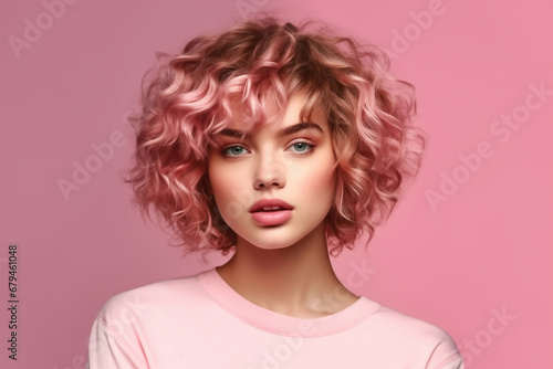 Portrait of a beautiful girl with pink wavy hair on pink background close-up front view. photo
