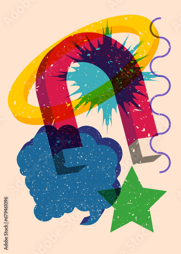 Risograph magnet with speech bubble and geometric shapes. Horseshoe Magnet with objects in trendy riso graph print texture style design with geometry elements.