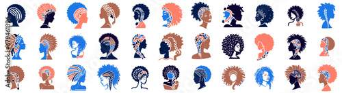 colorful geometric silhouette outlines, girls afro braids and hairstyles diversity, set of editable stroke Art