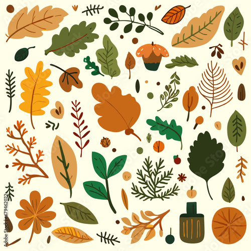 collection of autumn-themed illustrations, including various leaves, acorns, and pumpkins in warm fall colors.
