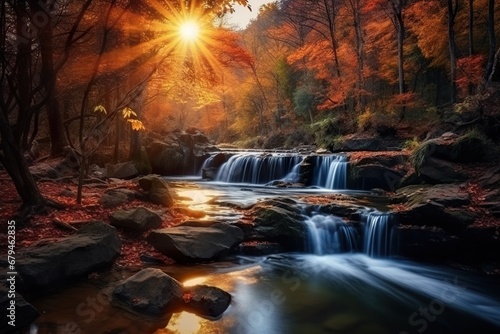 Beautiful waterfall in the autumn season Long exposure photography