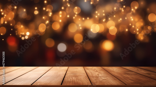 Empty wooden desktop with blurred Christmas background, Christmas and holiday decoration material, PPT background