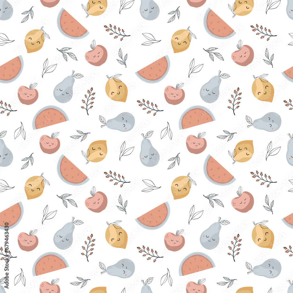 Simple and cute fruits seamless pattern for kids' and babies' products. Creative kids pattern for fabric, wrapping, textile, wallpaper, apparel etc. Digitally hand-drawn vector illustration. Simple and cute fruits seamless pattern for kids' and babies' products. Creative kids pattern for fabric, wrapping, textile, wallpaper, apparel etc. Digitally hand-drawn vector illustration.