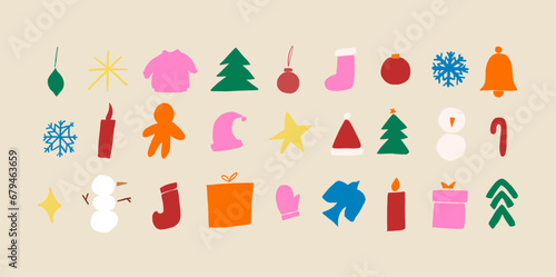 Big set of isolated abstract contemporary modern trendy vector illustrations in hand-drawn various colorful Christmas shapes and doodle objects.